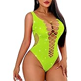 Avidlove Rhinestone Bodysuit Tops Sparkle Fishnet Lingerie Sexy Outfit for Women Mesh Body Suit Teddy Lingeries