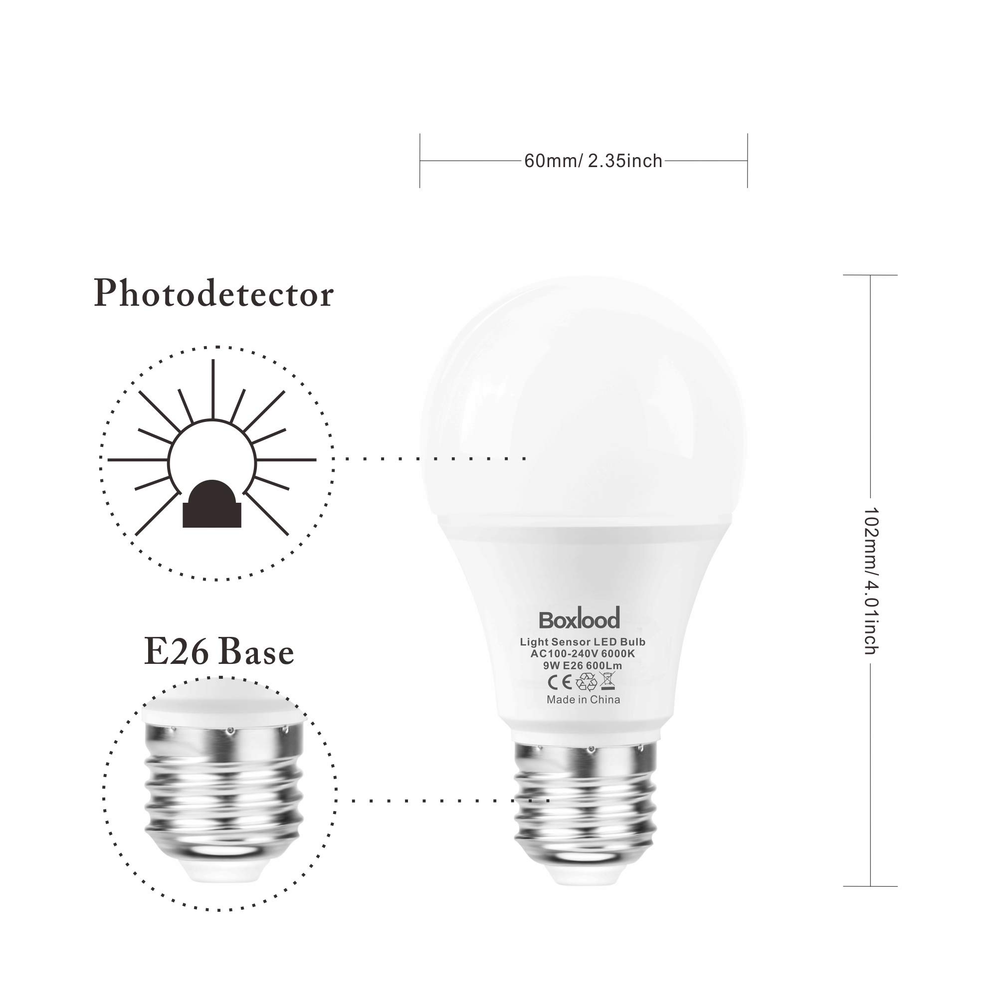 Dusk to Dawn Light Bulbs, E26, 60W Equivalent, AC100-240V, 6000K Cool White Auto On/Off Indoor/Outdoor Sensor LED Bulb by Boxlood (4 Pack)