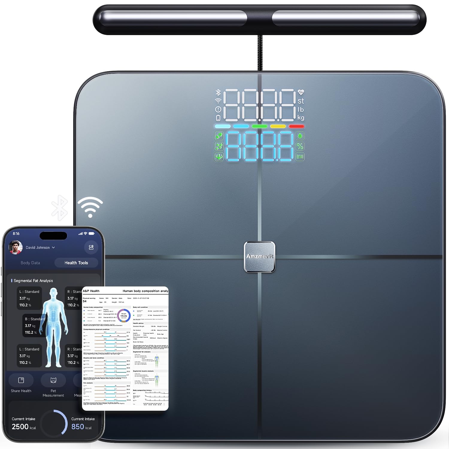 Photo 1 of Amzmerit Smart Scale for Body Weight, 8-Electrode Larger Platform Digital Scale for Weight Fat BMI 28 Body Composition Measurement, Bluetooth Bathroom Smart Scales, Rechargeable, Wi-Fi Compatible