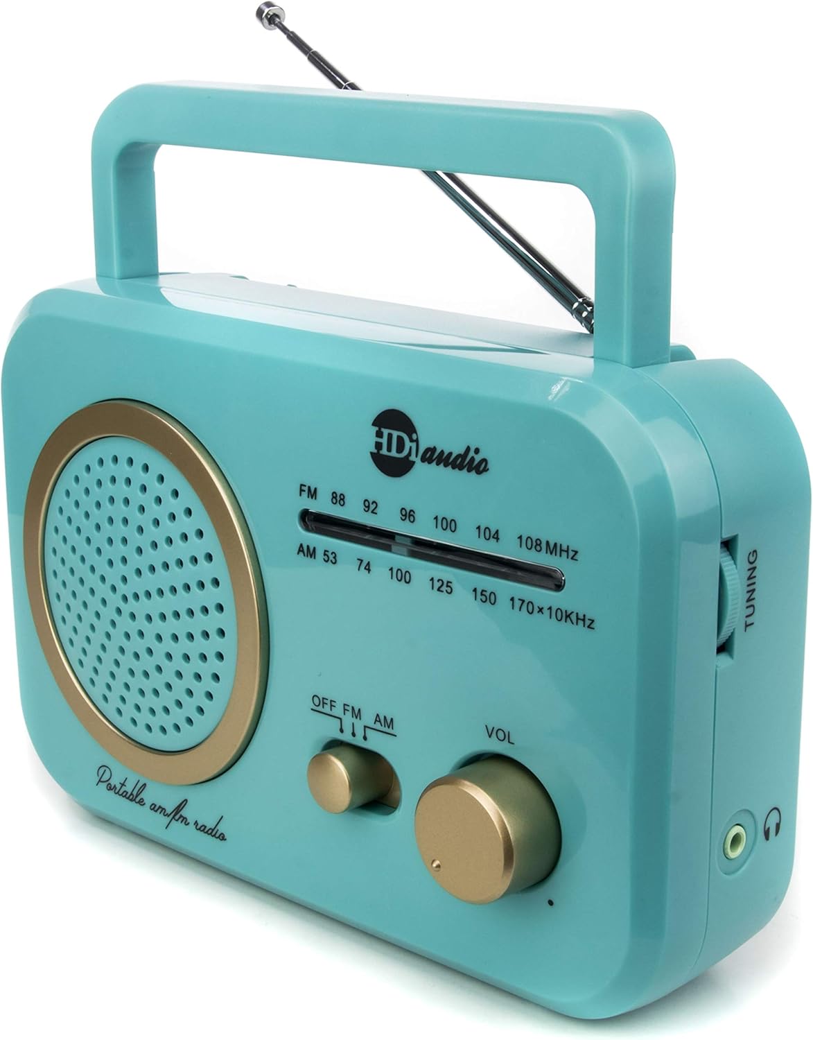 HDi Audio Radio Turquoise/Gold Premium Home Vintage Portable Retro Radio Classic AM/FM Radio with Built in Speakers + Headphone Jack: Home Audio & Theater