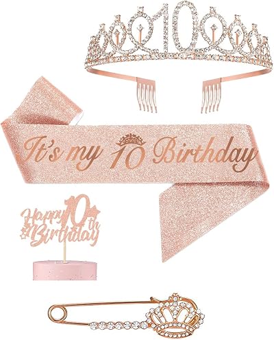 Pinenuts 10th Birthday Sash Crown Cake Topper for Girls Party Decorations