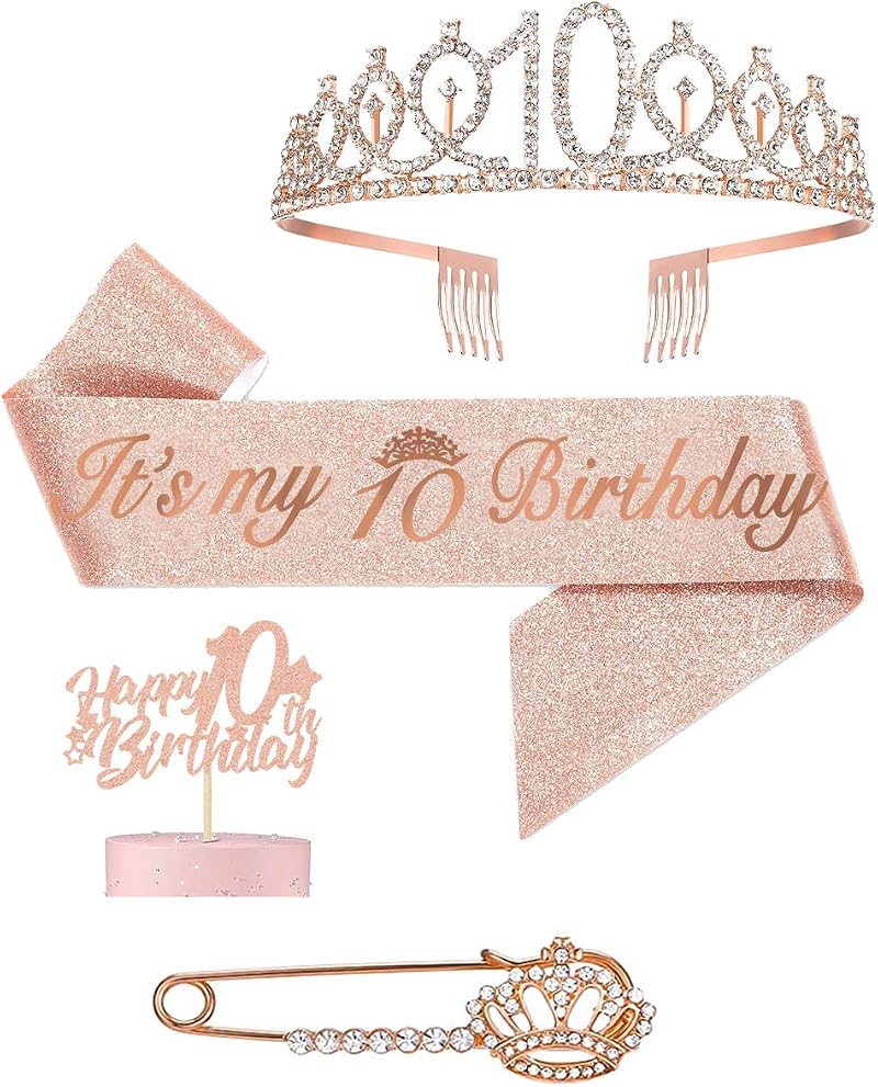 Pinenuts 10th Birthday Sash Crown Cake Topper for Girls Party Decorations