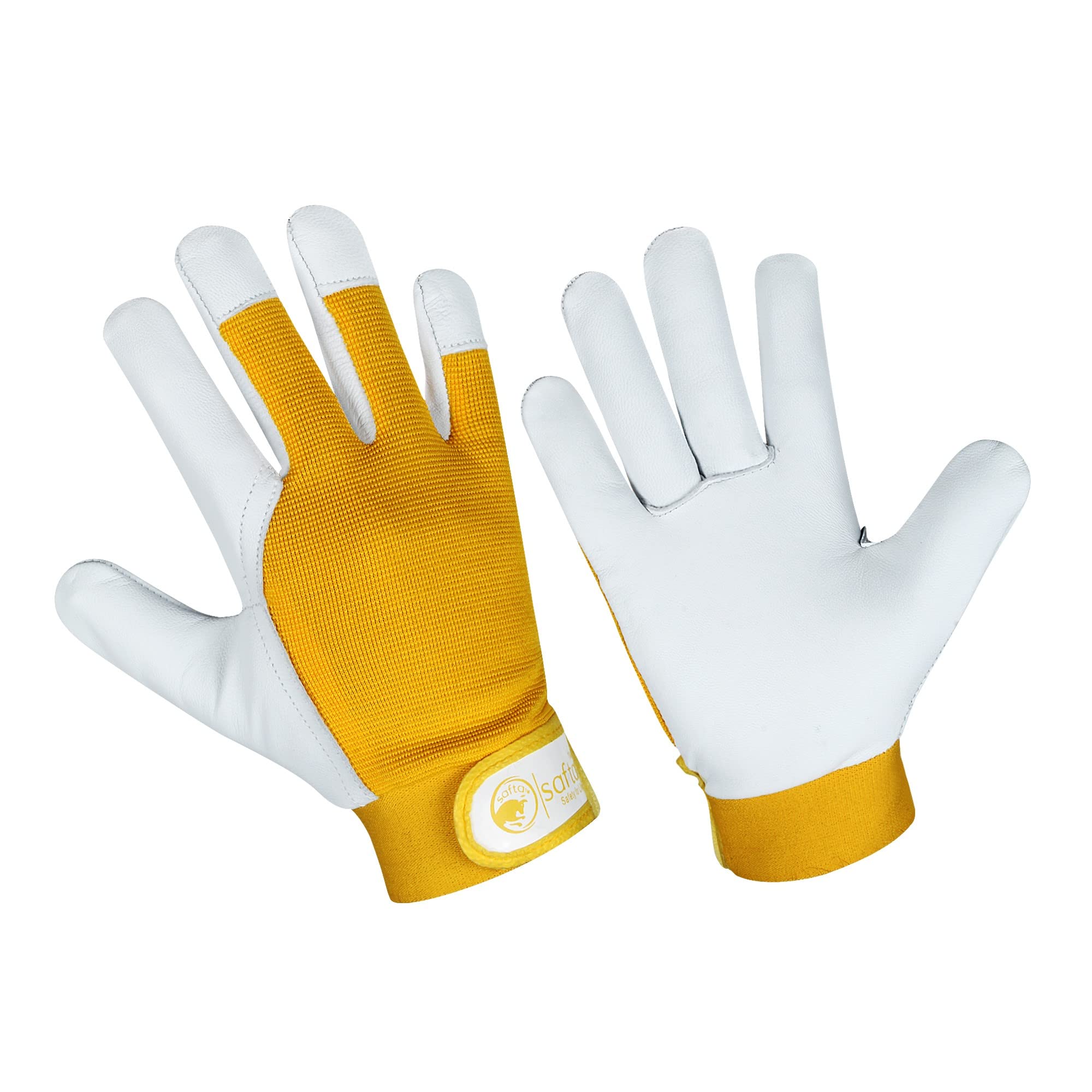 SAFTA Gardening Gloves for Men & Women, Leather palm with Breathable Spandex back, Thorn proof Gardening Glove, Multipurpose Gloves for Mechanics, Ware House, Driving Work .(Yellow, Small)