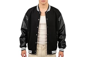 RAOENJADO Mens Varsity Jacket Bomber Letterman Jacket Leather Sleeves Vintage Style Outerwear for Men