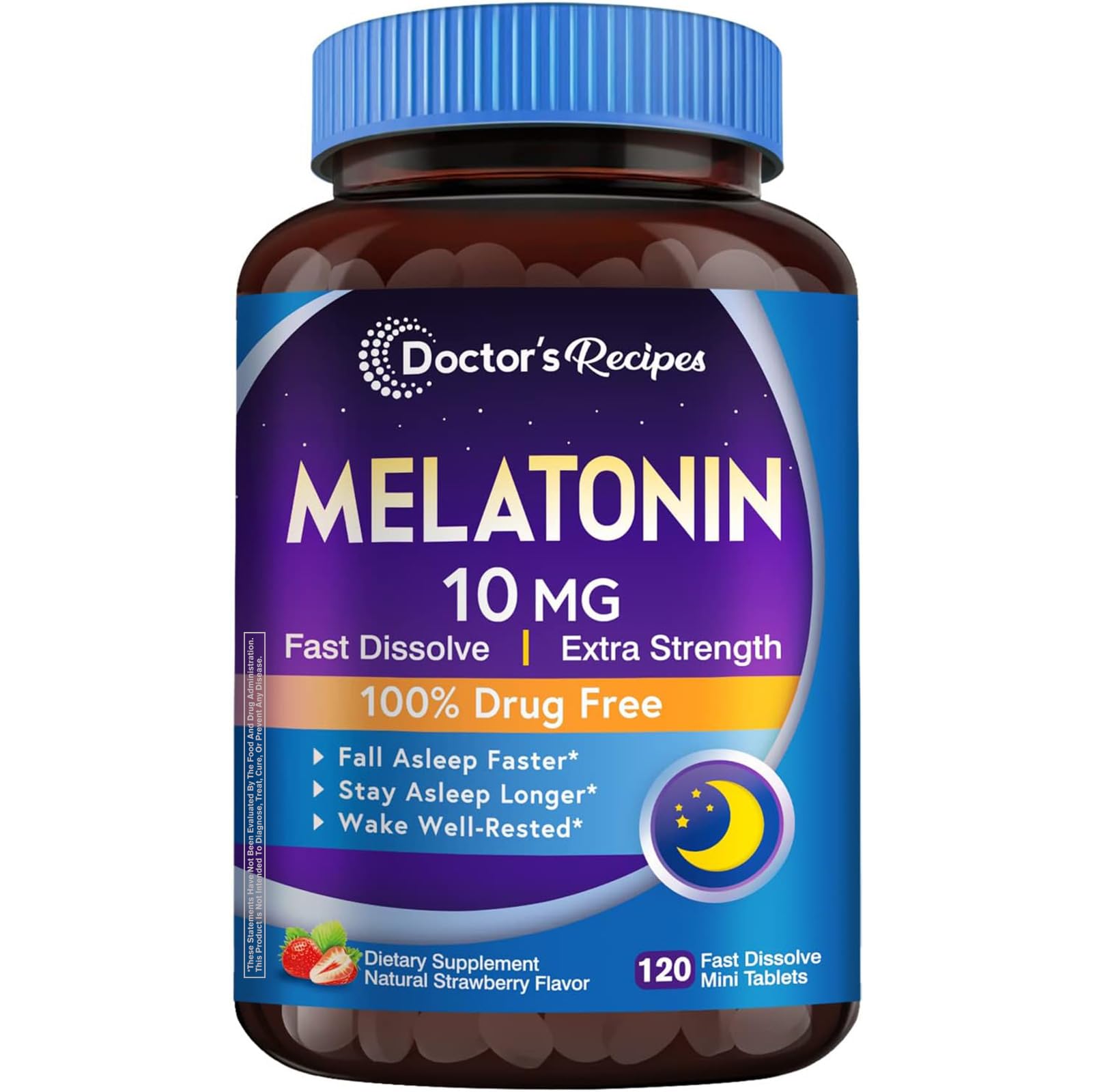Doctor's Recipes Melatonin 10 mg Fast Dissolve 120 Tablets, Natural Sleep Support, Promote Relaxation & Calmness, Non-GMO, Natural Strawberry Flavor, No Water Needed