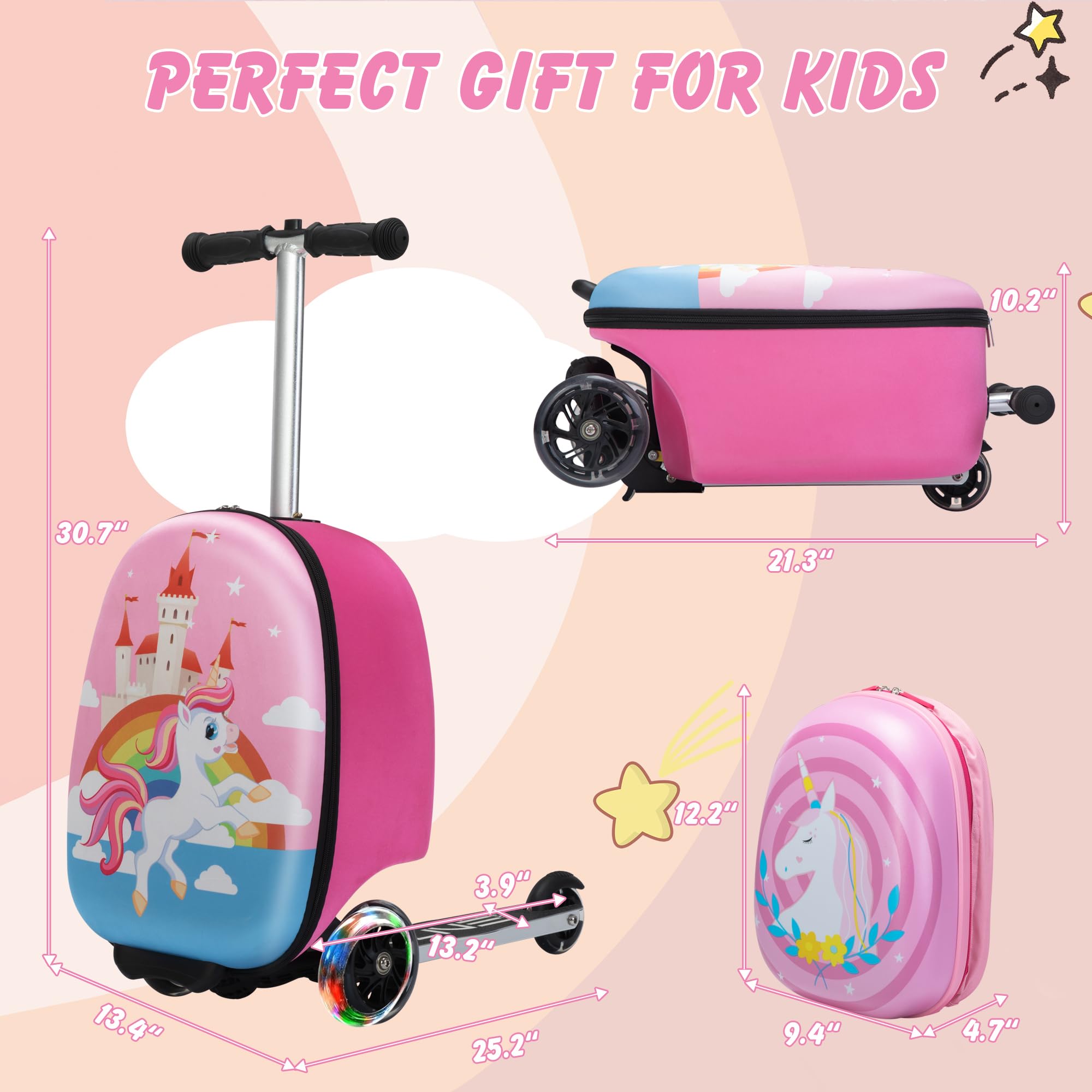 VLIVE Scooter Suitcase, Kid Carry on Luggage Scooter, Children Ride on Luggage for Girls, Luggage for Kids (Unicorn)