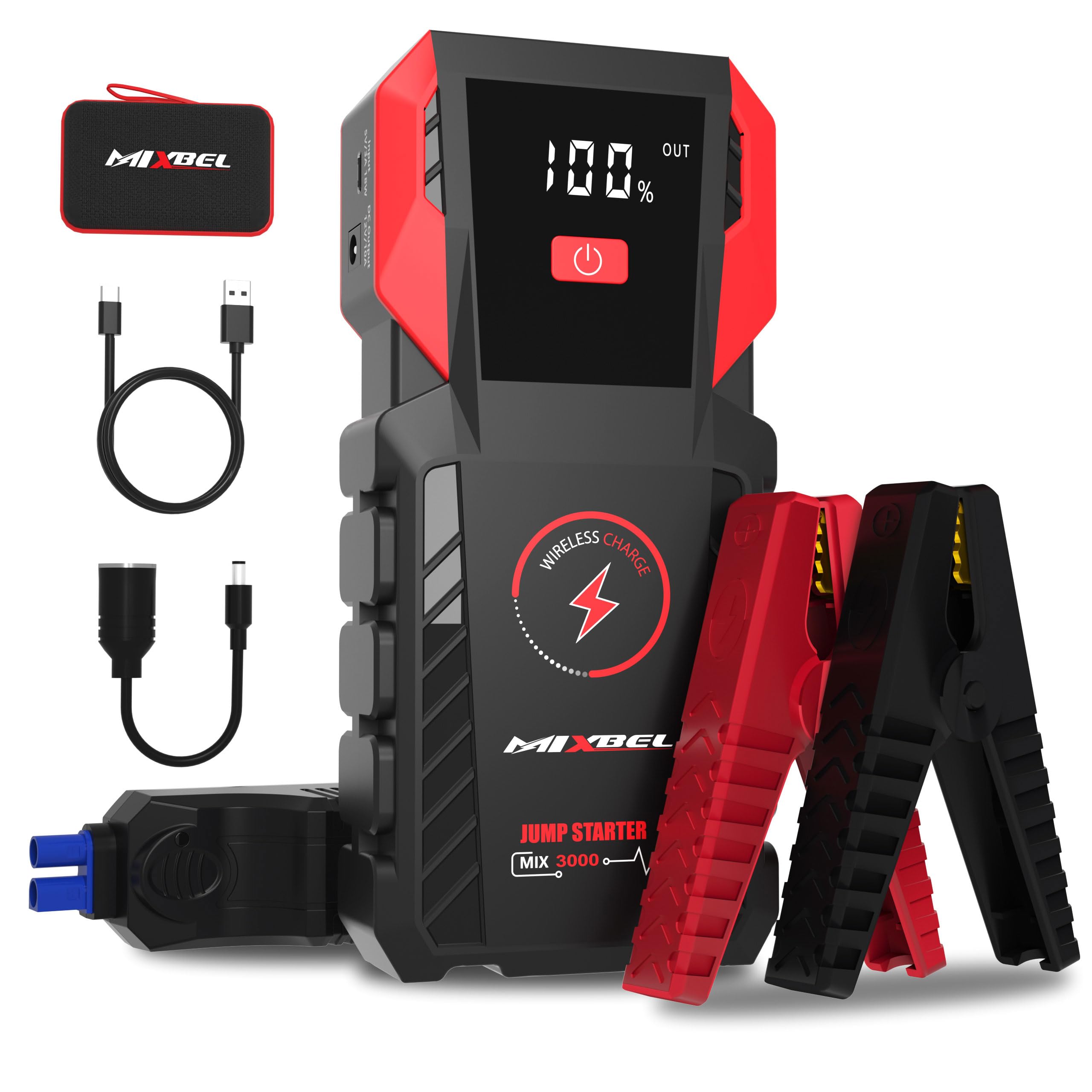 MIXBEL Jump Starter 3000A Peak 12V Portable Car Battery Jump Starter 24000mAh Jump Box for up to 8L Gas or 8L Diesel Engine Jump Starter Battery Pack with LED Light, USB QC 3.0 and Wireless Charging