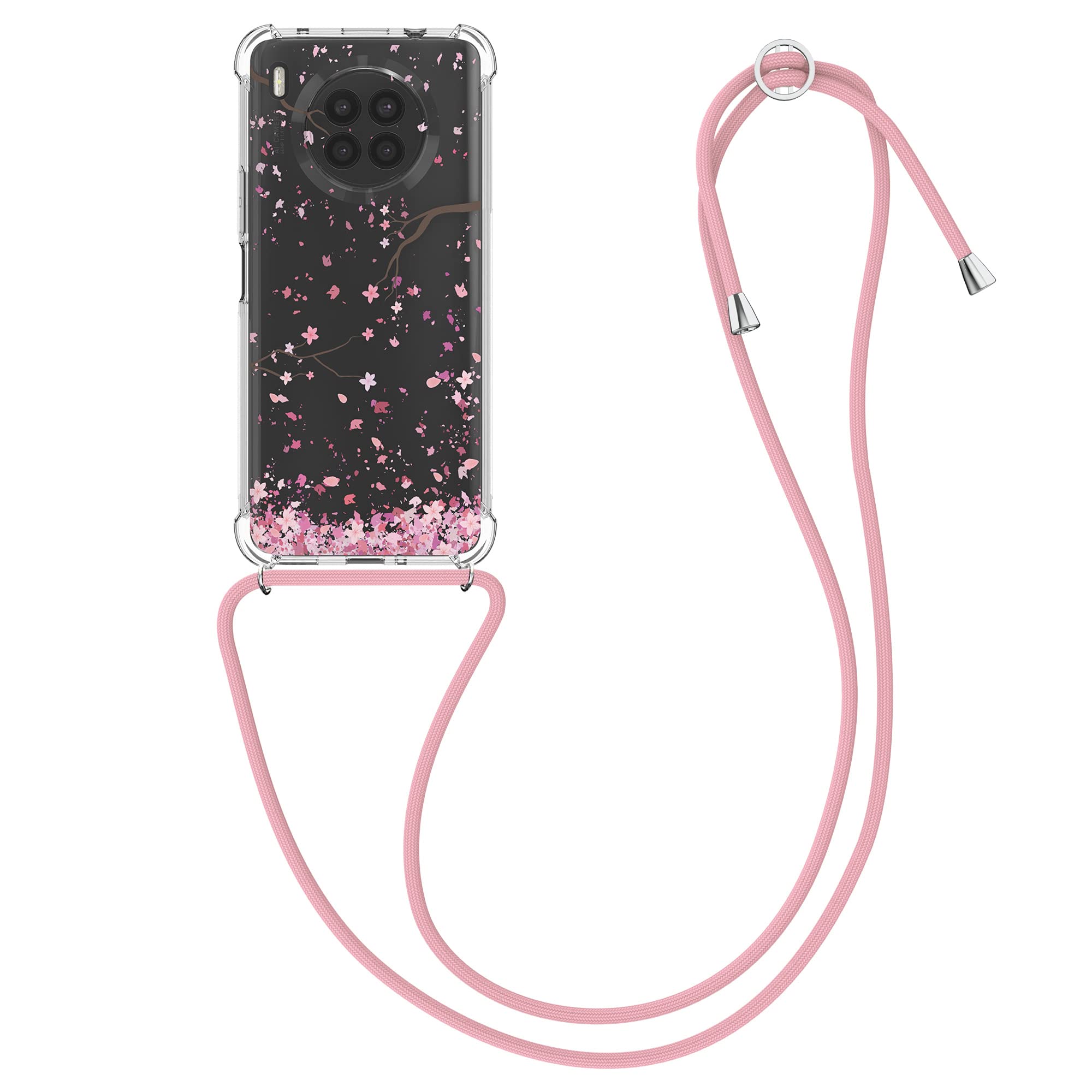 kwmobile Crossbody Case Compatible with HONOR 50 Lite Case Strap - Cherry Blossoms Pink/Dark Brown/Transparent