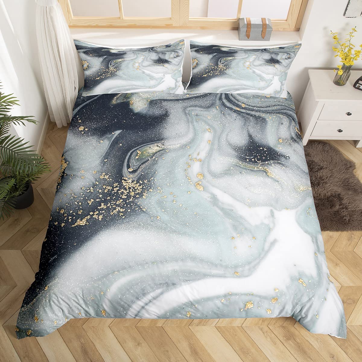 Grey Marble Duvet Cover Set Single Size, Abstract Stone Texture Comforter Cover with 1 Pillowcase, Luxurious Marbling Bedding Set 2pcs for Kids Boys Bedroom Decor Lightweight Bedspread Cover โ image 1