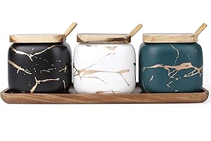 Dicunoy 3 Pack Ceramic Salt and Sugar Container, Condiment Jars with Lids and Spoons, Marble Seasoning Spice Pots Bowl, Pepper Sellar with Wooden Tray for Serving, Counter, Home, Kitchen