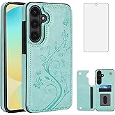 Asuwish Phone Case for Samsung Galaxy S24 FE 5G with Tempered Glass Screen Protector and Card Holder Wallet Cover Stand Flip Leather Cell Accessories S 24 EF S24FE 24S Cases Women Girls Green