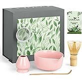 Pink Traditional Matcha Whisk Set, 5 Pcs Japanese Matcha Kit with Chawan Ceramic Bowl with Spout, Chasen Bamboo Whisk and Holder, Scoop, Sifter - Matcha Set Kit Gift for Ceremony Matcha Lattes Lover