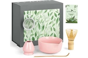 UOOLAA Pink Traditional Matcha Whisk Set, 5 Pcs Japanese Matcha Kit with Chawan Ceramic Bowl with Spout, Chasen Bamboo Whisk and Holder, Scoop, Sifter - Matcha Set Kit Gift for Ceremony Matcha Lattes Lover