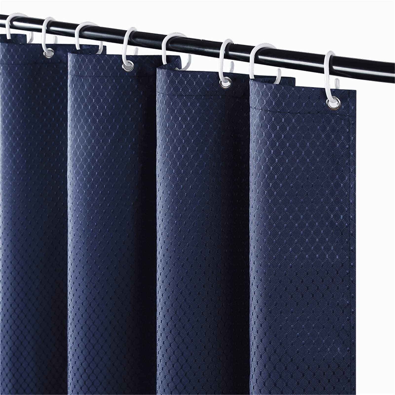Furlinic Shower Curtain 72 inch Navy Waffle Fabric Mildew Resistant Waterproof Hem Weighted Bathroom Curtains for Wetroom 120x180cm Set with 8 Hooks.