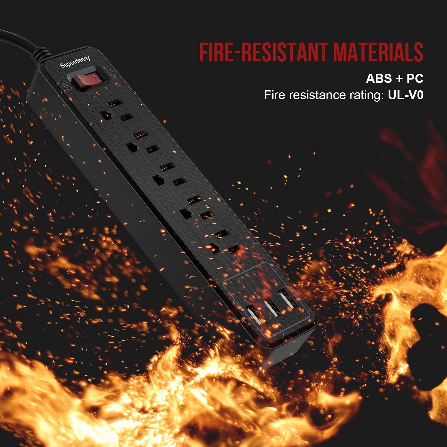 SUPERDANNY USB Surge Protector Power Strip Mountable Extension Cord Multiple Protection 5 Outlet 3 USB Port with Hook & Loop Fastener for iPhone iPad PC Home Office Travel Black: Electronics