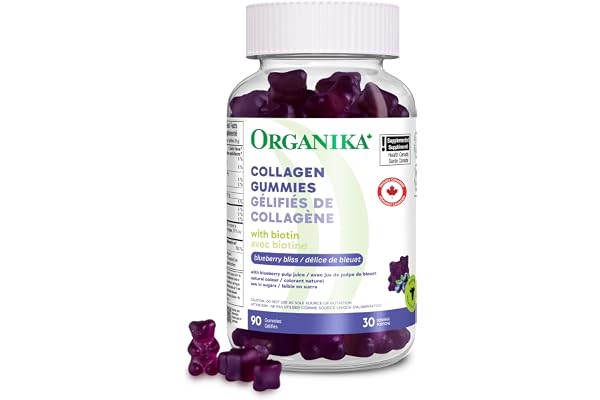 Organika Collagen Gummies with Biotin – 2500 mg Collagen Peptides Per Serving for Skin, Hair and Joint Health – Blueberry Bli