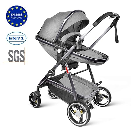 Besrey 2 in 1 Kombikinderwagen Reisesystem set kann als Sportwagen und Babywanne mit Regenschutz - Grau