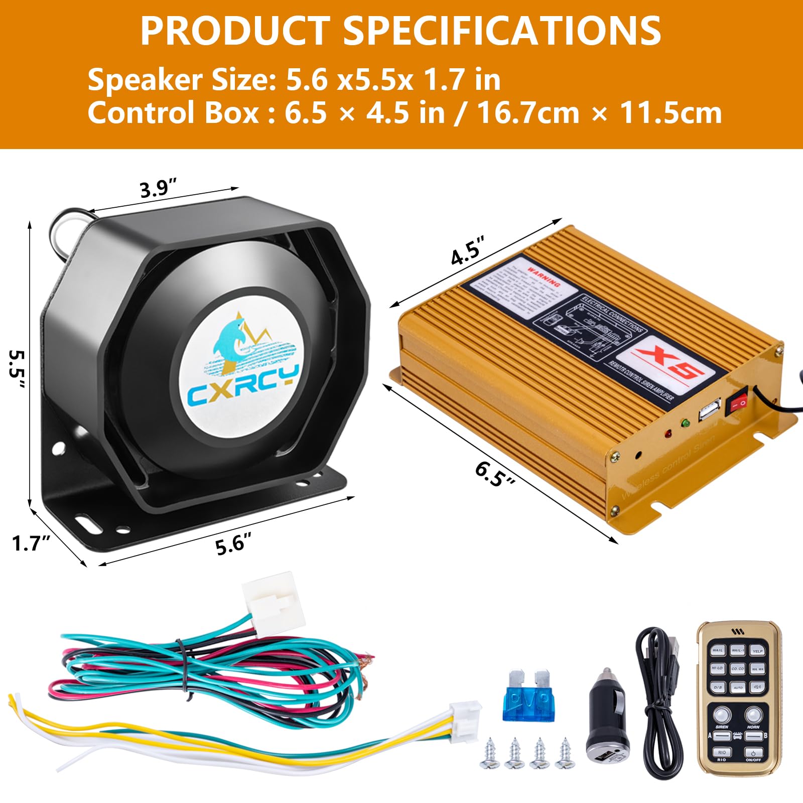 12V 100W Police Siren PA System Kit [18 Tones] [120-130dB][Wireless Mic PA System] CXRCY Emergency Warning Siren for Vehicles Tow Truck UTV ATV Van Car POV RV