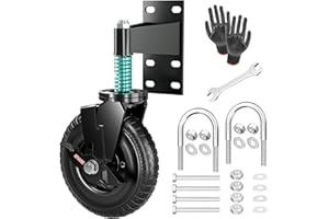 MAJHULLA 8 Inch Fence Gate Wheels with Brake 2 Install Heavy Duty Gate Wheels for Metal Wooden Gate Sliding Hardware 600lb Capacity 360° Rotation Spring-Loaded Farm Garden Caster Screwdriver Gloves Black