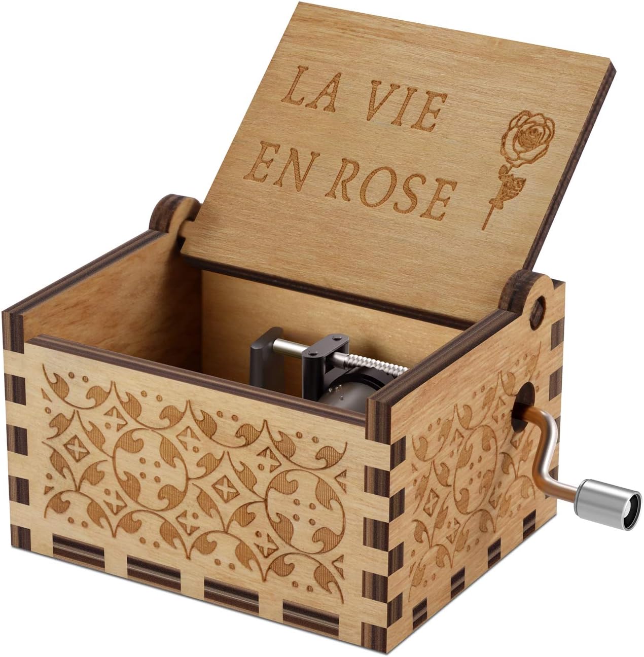 NNDUO Wood Music Boxes- La Vie En Rose Carved Hand Crank Musical Box Wooden Classic Handmade Engraved Valentines Birthday Gift for Kids, Boys, Girls, Friends