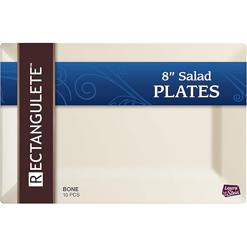 [10 Count - 8 Inch Plates] Rectangulete Designer Tableware Premium Heavyweight Plastic Cone Color Rectangle Salad - Appetizer Plates With Border, Party & Wedding, Event Plate, Disposable Dishes