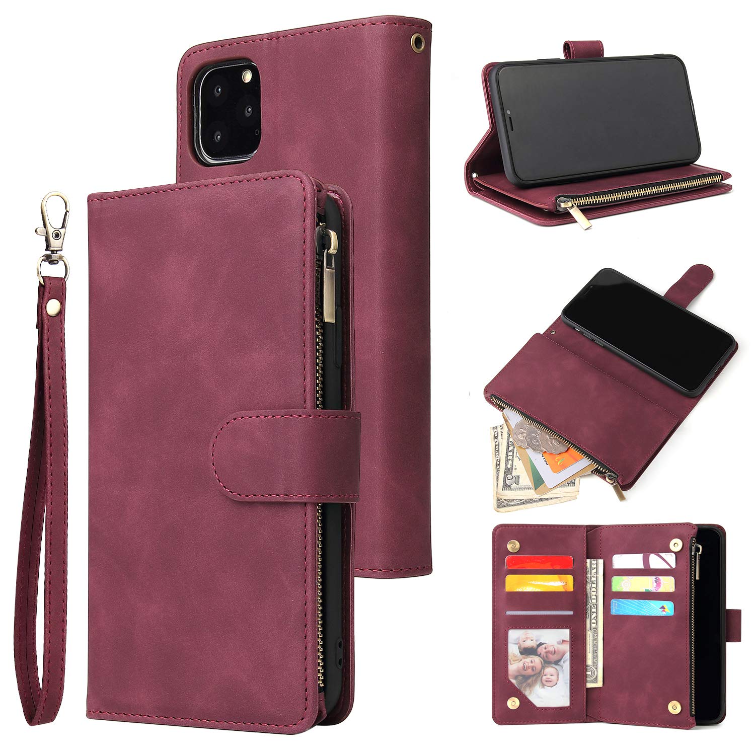 UEEBAI Wallet Case for iPhone 12 Pro Max 6.7 inch, Premium PU Leather Magnetic Closure Geometric Marble Pattern Handbag Zipper Pocket Case Kickstand Card Slots Shockproof Flip Cover - Wine Red