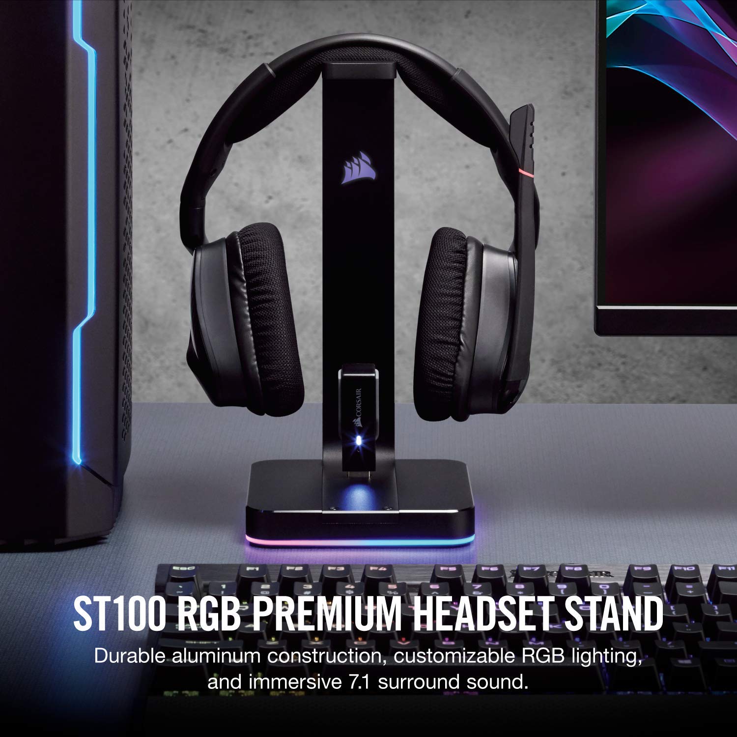 Corsair ST100 RGB Premium Headset Stand with 7.1 Surround Sound - 3.5mm and 2xUSB 3.0,Aluminum