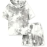 LPHGFZA Boys 2 Piece Outfits Tie-Dye Hooded Short Sleeve T-Shirt and Shorts Set Summer Clothes for Kids 6-13 Years