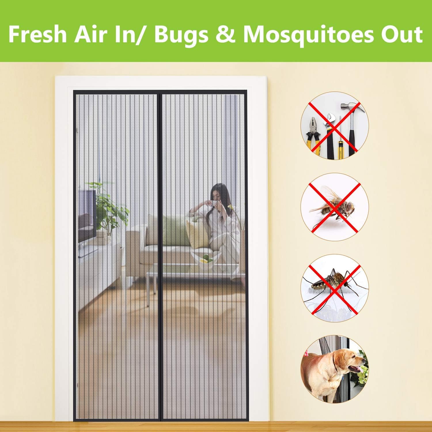 Aoocan Magnetic Screen Door - Heavy Duty mesh Door Screen and Full Frame Hook & Loop Fits Door Size up to 34"-82" Max- Black | Fresh air in & Keep Bugs Out - - 