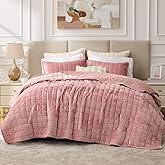 BEDELITE Velvet Quilt Set King Size - Luxury Velvet Comforter Bedding Set 3 Pieces, Soft Cozy Rose Pink Oversized Bedspread Coverlet Valentines Bedding with 2 Pillow Shams
