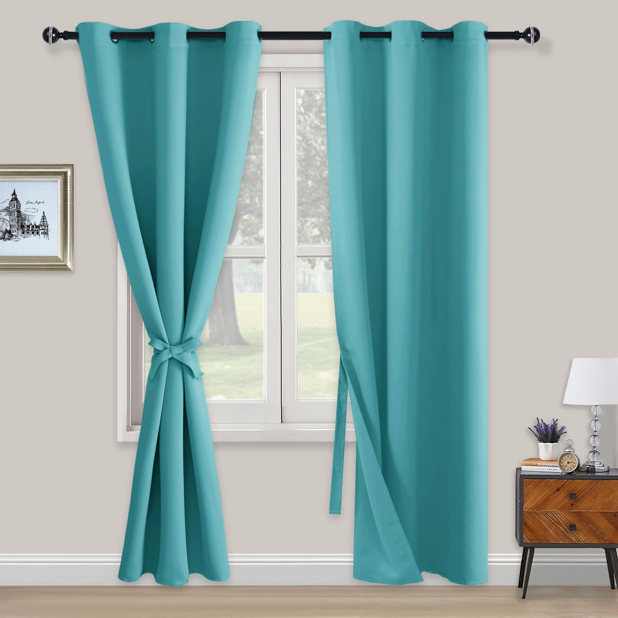 XWZO Blackout Curtains Shades Window Curtain Panels with Tiebacks- Noise Reduction and Thermal Insulated Eyelet Curtains for Bedroom,Living Room,Office,Study Room Turquoise W46xL90