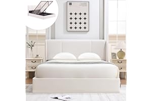 VELOCAVA Full Size Lift Up Storage Bed with Modern Wingback Headboard, Upholstered Platform Bed with Fabric with Hydraulic Support Bars, No Box Spring Needed, Large Underneath Storage, White