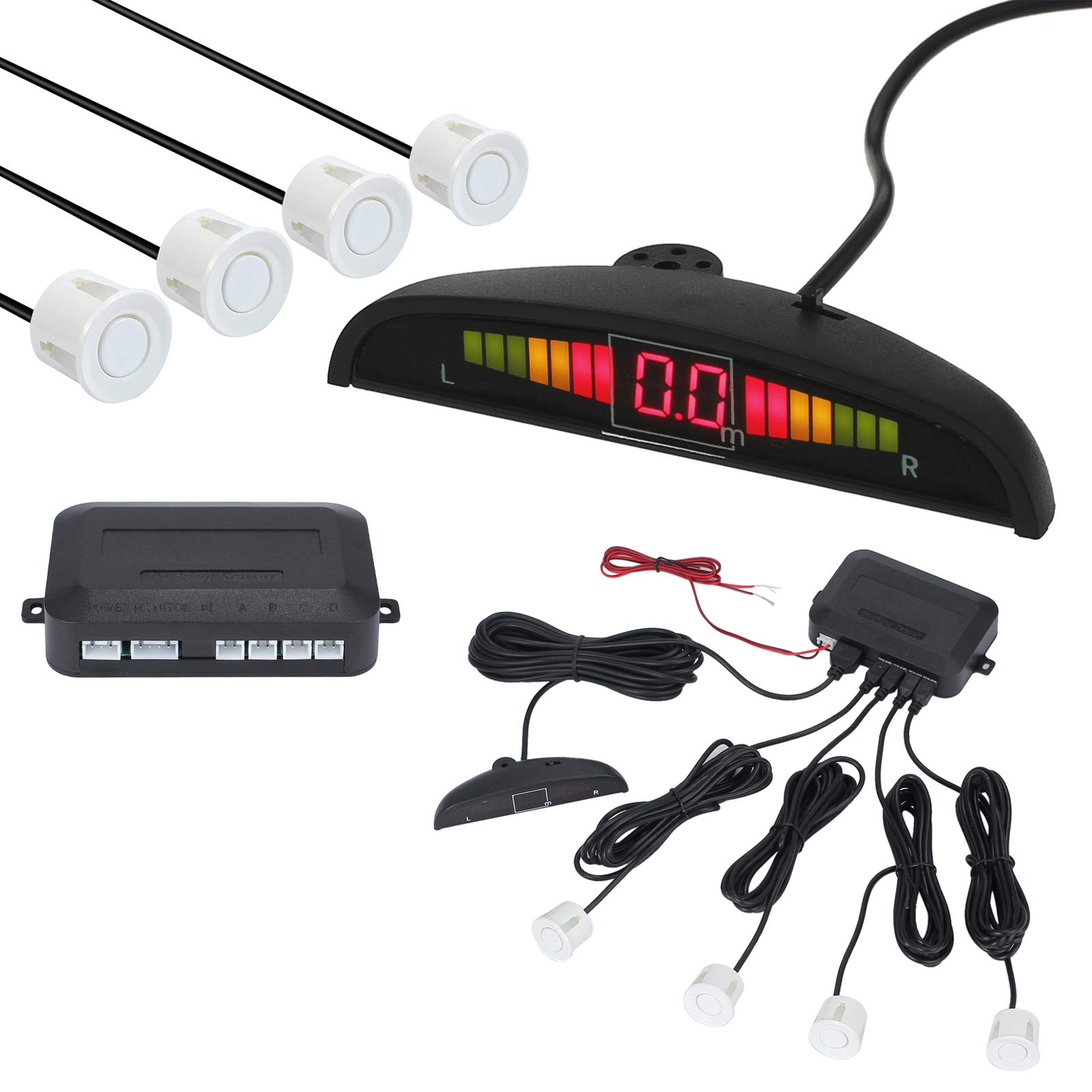 AUTOUTLET White Rear Reversing Car Parking Sensors 4 Sensors Kit Audio Buzzer Alarm LED Display