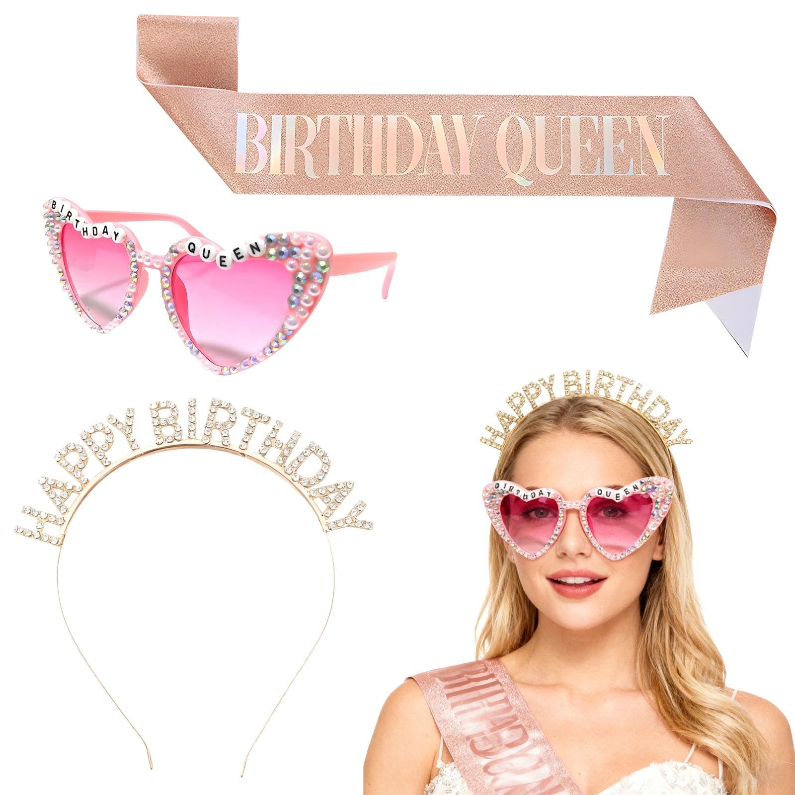 3 Piece Queen Birthday Headband Set, Birthday Girl Headband with Party Glasses for Queens, Birthdays and Parties