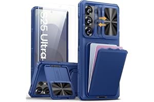 SSLOTSCASE for Samsung Galaxy S25 Ultra Case with 2X Screen Protector, Stand & Credit Card Holder & Sliding Camera Cover, Full-Body Drop Proof Silicone Edge Protective Cover for S25 Ultra, Blue