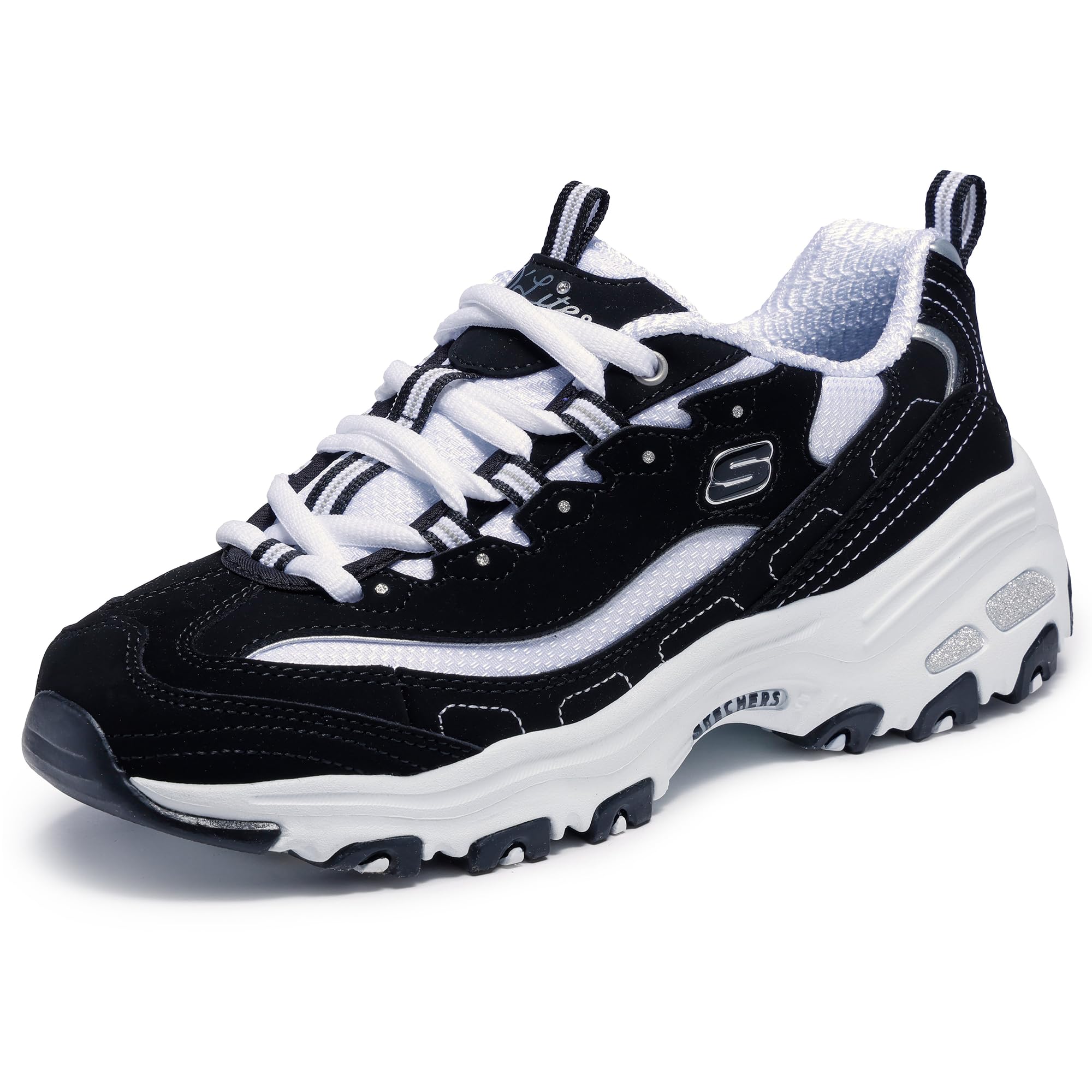 Skechers Sport D'Lites - Zapatillas deportivas con cordones y espuma viscoelástica para mujer, Biggest Fan Negro/Blanco, 8 M US