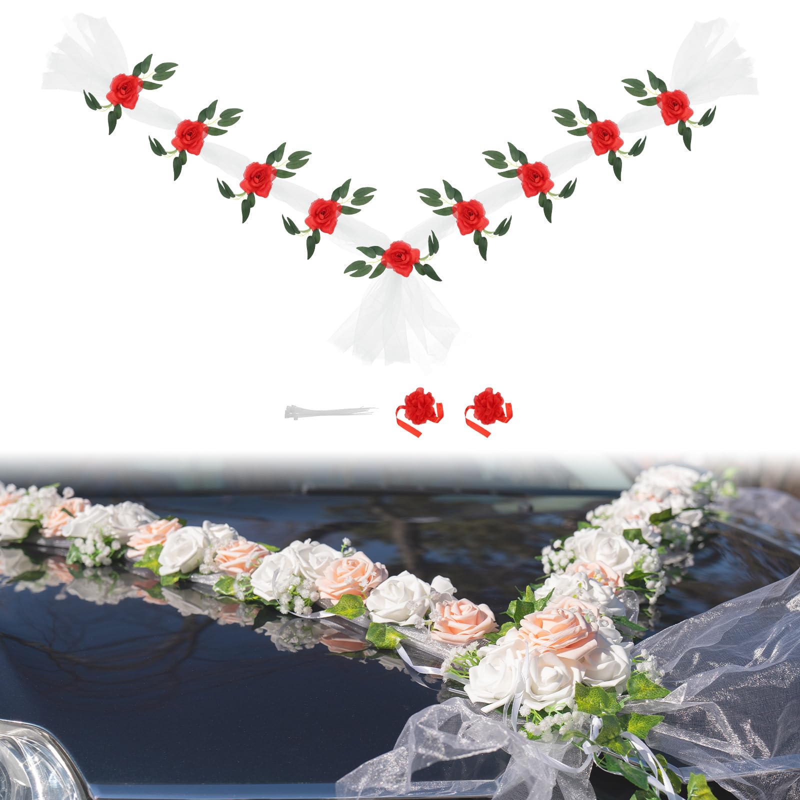 PATIKIL Wedding Car Flower, Artificial Flowers Bouquet Set Wedding Car Decoration for Decoration Handle Ornament Supplies Party, White, Red