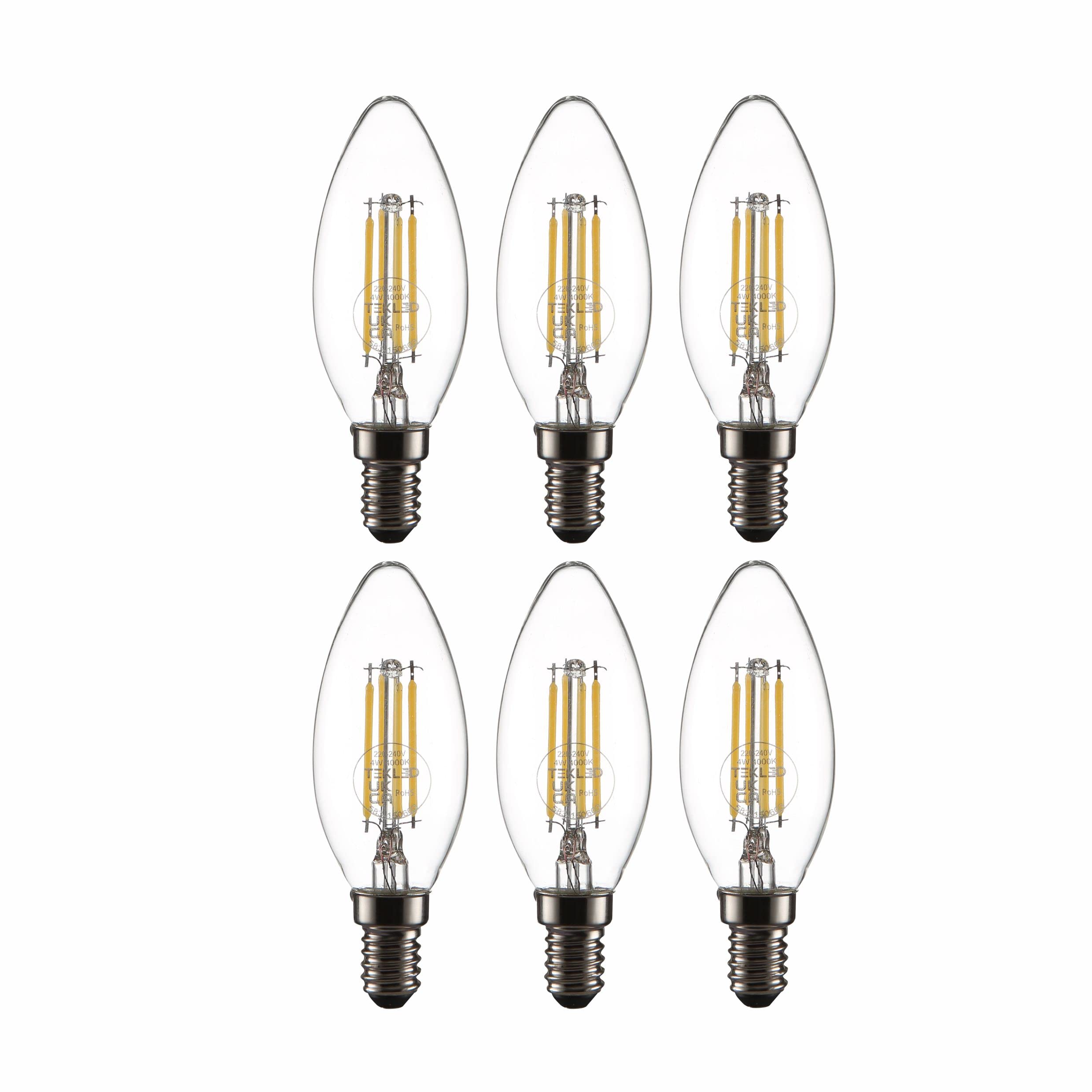 TEKLED® C35 Candle Filament Vintage LED Bulbs | E14 Small Edison Screw | Energy Saving 4W Light Bulb 40W Equivalent | NONDIMMABLE Clear 4000K 470LM | 6-Pack | Cool White