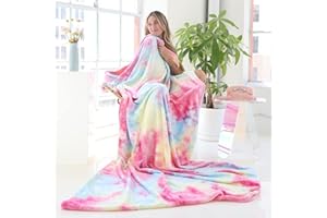 Ailemei Direct Rainbow Tie Dye Bed Blankets, Twin/Full Size Soft Warm Fleece Blankets for Teen Girls and Adults, Pastel Plush Hot Pink