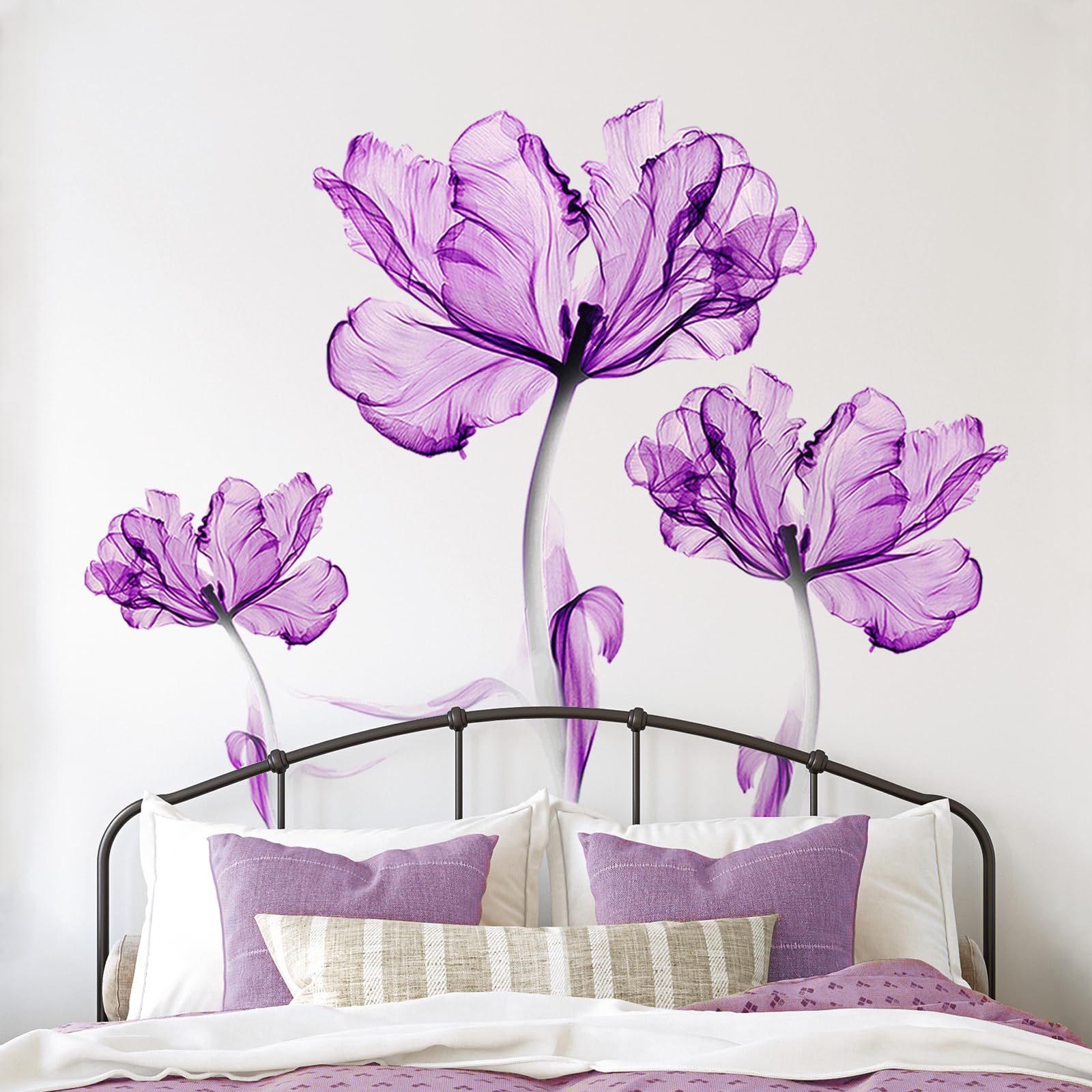 Tanlaby Purple Lotus Wall Stickers, Large Floral Wall Decals Lotus Blossom Wall Decal Removable Mural Wall Art Sticker for Living Room Bedroom Office Sofa TV Background Home Wall Decor