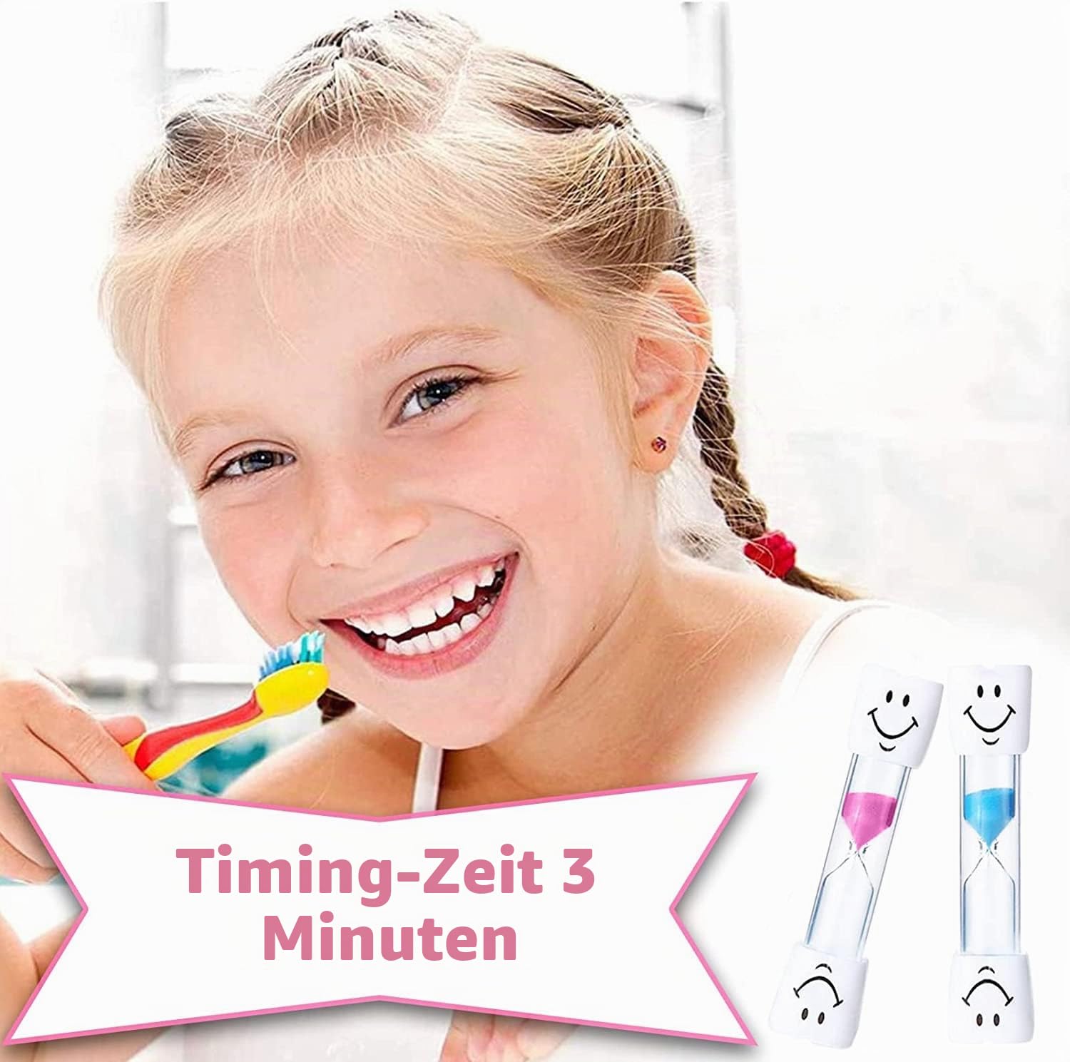 6 Stück Sanduhr Zähneputzen Kinder, Bunte Sanduhr Timer, Kleine Sanduhren 3 Minuten/2 Minuten, Zahnputzuhr Glas mit Smile, Farbige Sanduhren Set für Kinder 5