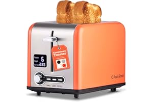 Peach Street Slice Toaster Compact Bread Toaster with Digital Countdown, Wide Slots, Auto-Pop Stainless Steel, 6 Browning Levels, Removable Crumb Tray, with Defrost, Bagel, and Cancel Function (Peach, 2 Slice)