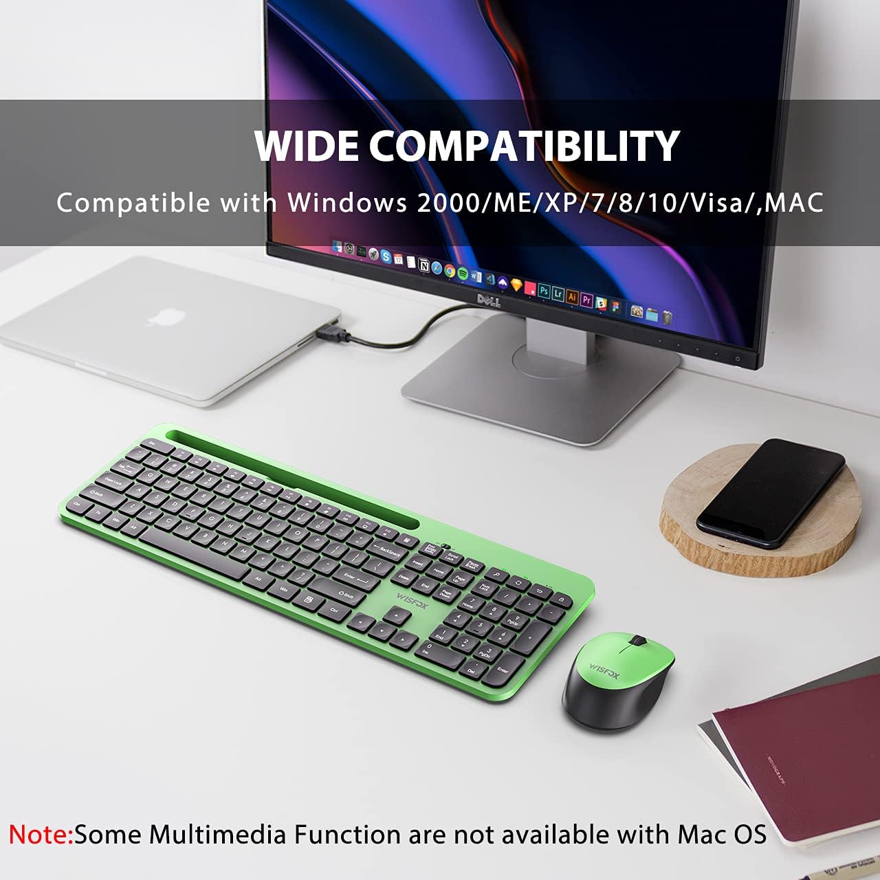 Wireless Keyboard and Mouse Combo, WisFox 2.4G Ergonomic USB Keyboard with Phone Holder, Full-Size Keyboard and Mouse Set for Computer, Laptop and Desktop(Green and Black): Computers & Accessories