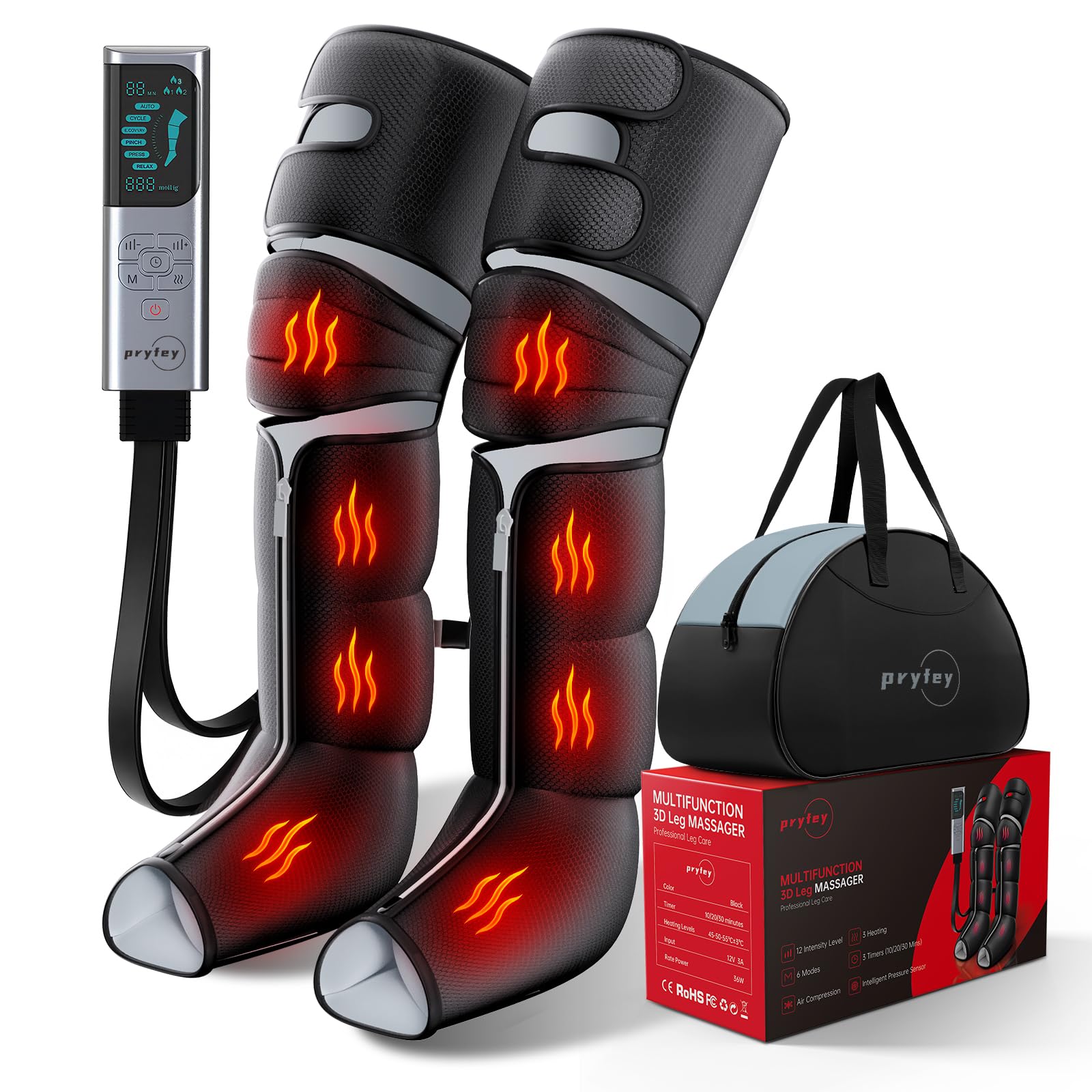 Photo 1 of pryfey Leg Massager with Heat and Compression, Foot Massager for Circulation and Pain Relief, 3 Timers, 12 Intensity, 6 Modes,3 Heating with Knee Massager,Mother's Day Gifts for Man Woman,Black