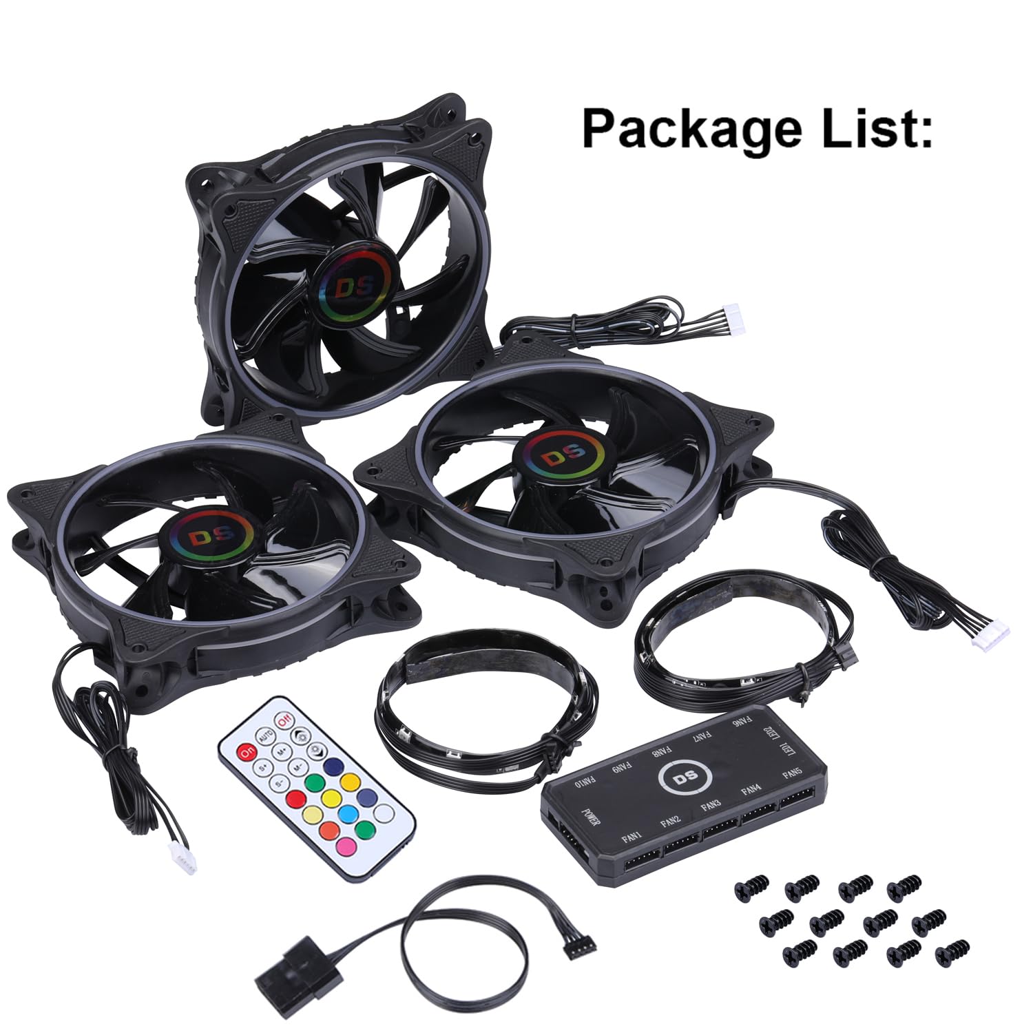 DS 120MM LED Addressable RGB Case Fan with Controller for Computer Cases, Side Lighting for PC CASE, CPU Coolers, Radiators System (3pack RGB Fans, 2pack LED Strips, 1th Gen DS HUB Box, G Series)
