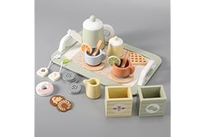 PITHFOR Wooden Tea Party Set for Little Girls, Play Tea Set for Kids Toddlers, Pretend Play Kitchen Toy Gift for 1 2 3 4 5 Years Old