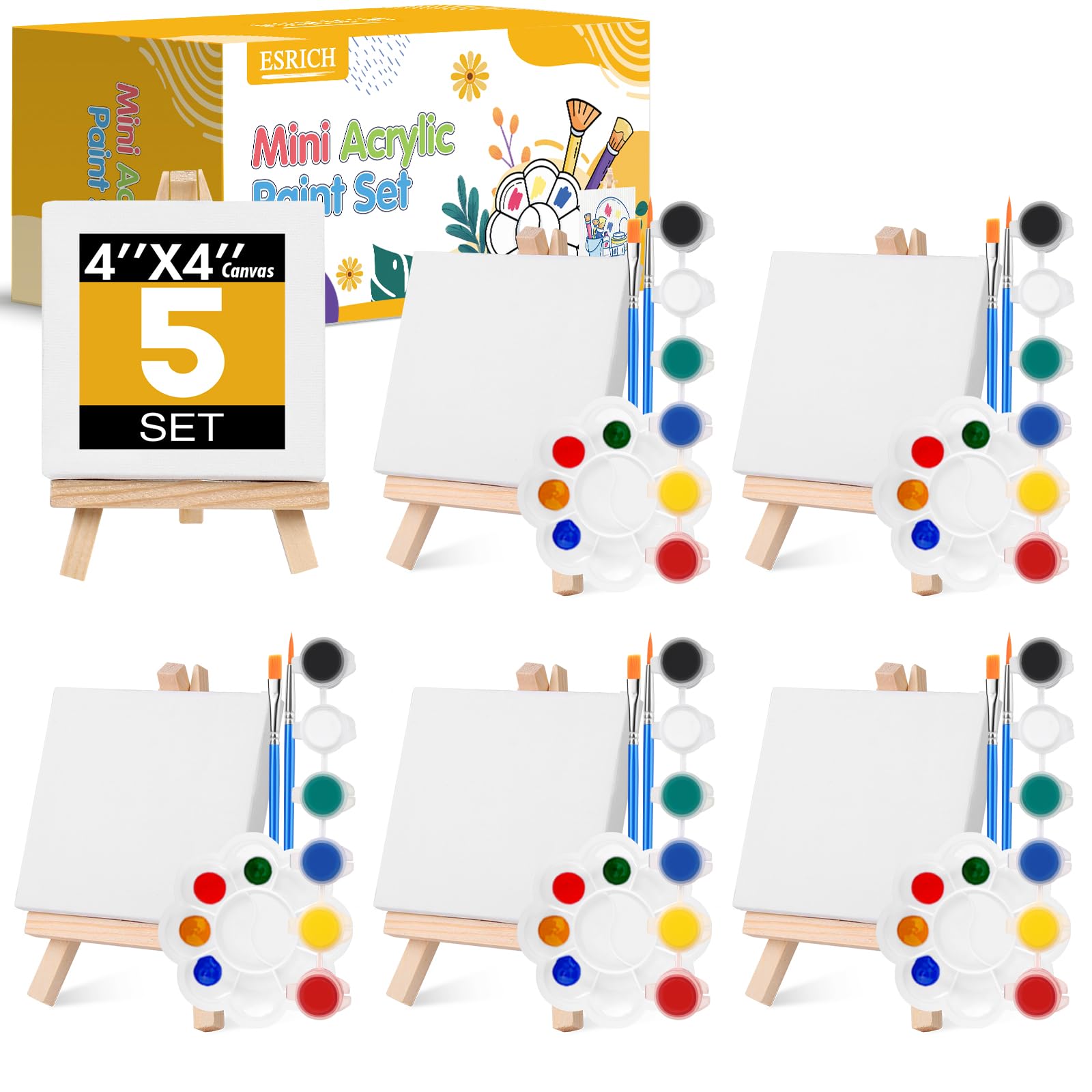 Photo 1 of *** factory sealed*** ESRICH 5 Set Mini Acrylic Paint Set,Minis Canvas Painting Kit,St. Patrick's Party Gifts,4 * 4in Canvas with Easel,Acrylic Paints,Brush,Palette,Mini Easel with Canvas for Kids Adults Painting Party