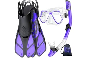 Zenoplige Mask Fins Snorkel Set, Snorkeling Gear for Adults, Panoramic View Snorkel Mask Anti-Fog, Adjustable Dive Flippers, Dry Top Snorkel and Travel Bag, Scuba Gear for Swimming Snorkeling Diving