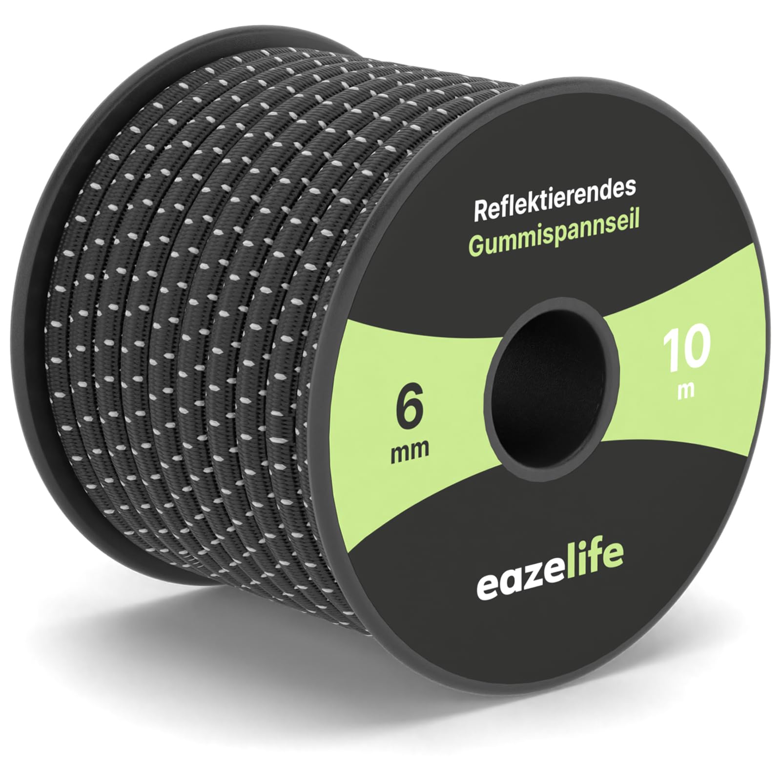 Rubber Cord on Reel - Reflective, Weatherproof, Cut to Size, Highly Elastic, Resilient, Versatile Expander Rope for Trailers, Sailing, Fishing & Outdoor (Black, 6 mm x 10 m)