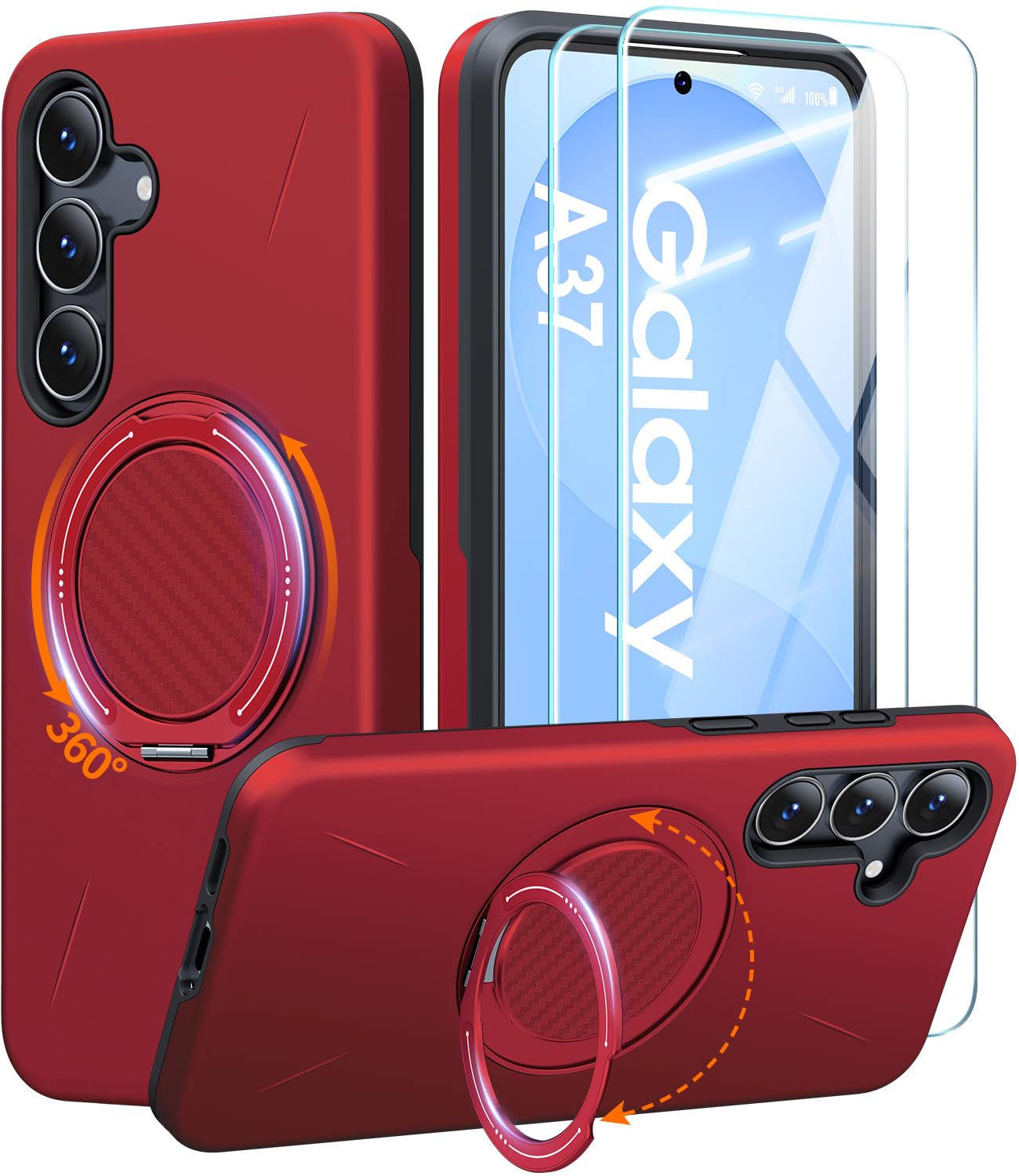 JAME for Samsung Galaxy A37/A36 5G Case with Ring Holder Stand Kickstand, Dual Layer Shockproof Protective Cover with 2 Screen Protector, Magnetic Accessory Friendly Galaxy A37/A36 Phone Case, Red